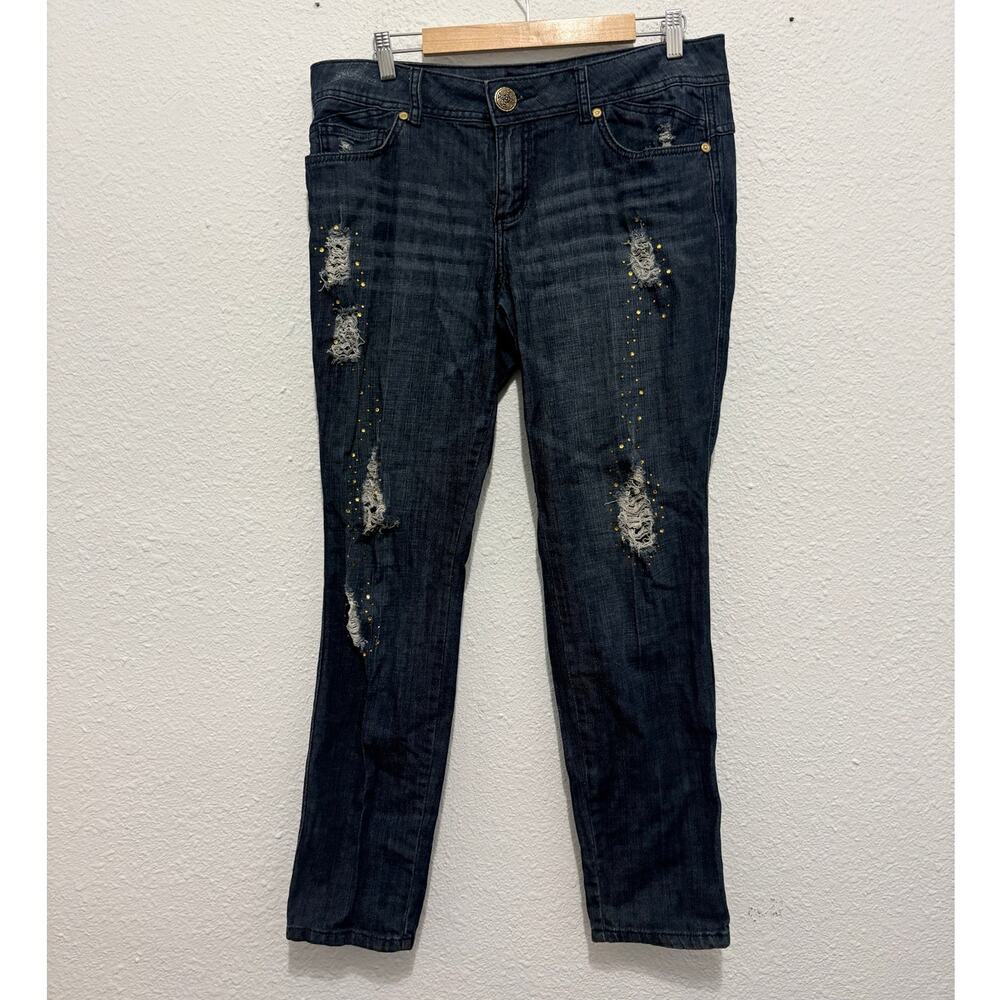 y2k baby phat dark wash jeans distressed rhinestones mid-rise glam going out